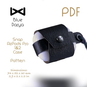 May include: A black leather AirPods Pro 1&2 case with a snap closure, shown on a white background. The case measures 2.9 x 2 x 1.2 inches. The text "Blue Darya" and "PDF" are also visible.
