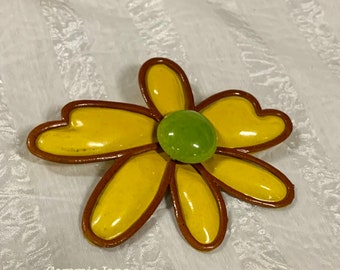 Vintage Flower Enameled Brooch MOD Mustard Yellow and Brown with Green Center,  Unsigned, 1960s, Flower Power Pin, Gift For Her