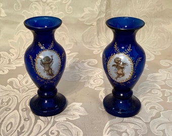 Pair Mary Gregory Style Cobalt Blue Bud Vases, Cupid Design with Hand Painted Accents, Purchased in Europe in 1930s