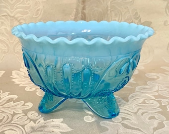 Antique Northwood Meander Blue Opalescent Ruffled Edge Triangle-Footed Bowl, Depression Era EAPG, Tear Drops and Leaves Design, Near Mint