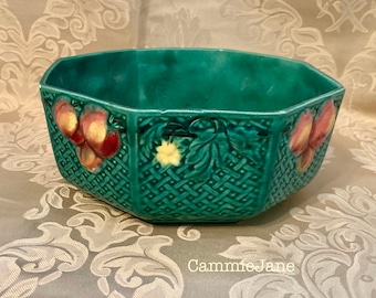 Vintage Georg Schmider Zell Basket Weave Majolica Bowl - Baden and Company Germany - Emerald Green Background - Fruit & Flowers Design
