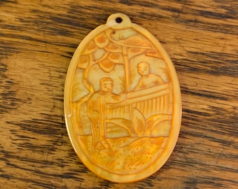 Vintage MOP Mother of Pearl Reversible Carved Asian Chinese Oriental Scene Pendant People Trees Orange Colored Double Sided