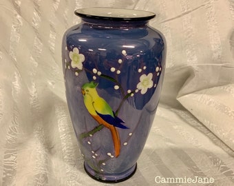 Vintage 1950s Blue Lusterware Parrot Sitting in a Tree Vase, Hand Painted, Iridescent, Made in Japan, Green Stamp, Oriental Decor