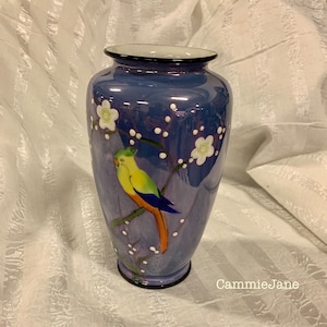 Vintage 1950s Blue Lusterware Parrot Sitting in a Tree Vase, Hand Painted, Iridescent, Made in Japan, Green Stamp, Oriental Decor