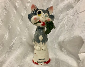 Vintage 1950s HTF Kreiss "Merry Christmas" Gray Winking Cat Bell - Hand Painted, No Chips or Cracks, Christmas Kitsch, Mid Century