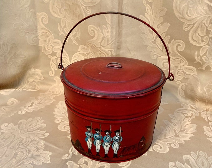 Antique Tin Lunch Pail, Miner's or Farmer's Lunch Bucket, Berry Pail, Hand Painted With Lid and
