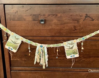 Vintage Birds Postcard Banner, Country Cottage Bunting, Shabby Chic Mantle Garland, Farmhouse Wall Hanging, Spring Photo Prop, 1911 Germany
