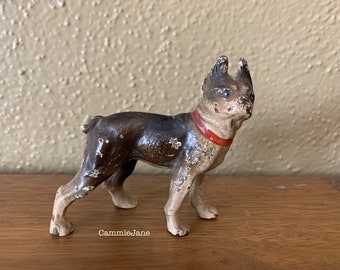 Antique Hubley Cast Iron Boston Terrier Paperweight with Label, Minimal Paint Loss, Original Paint, 1910s, Dog Memorabilia, Paper Weight