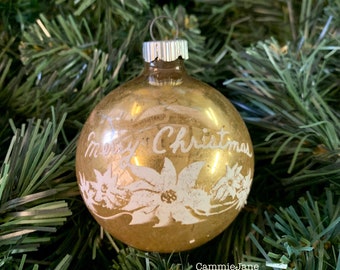 Vintage 1940s-1950s Glass Christmas Ornament –Merry Christmas, Shiny Brite, Made in USA, Gold, White, #A205
