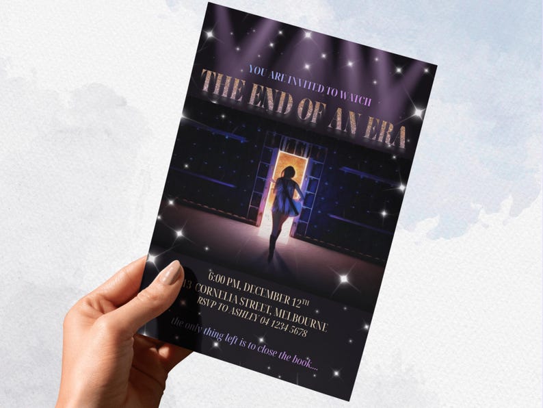 May include: A dark invitation card with the text "THE END OF AN ERA" and event details. The design features a silhouette of a person walking through a doorway, with sparkling lights and a starry background.