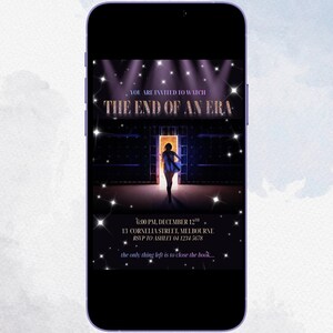May include: A smartphone screen displays an invitation for "THE END OF AN ERA." The design features a silhouette of a person walking towards a bright doorway, with text including the date, time, and location: 13 Cornelia Street, Melbourne.
