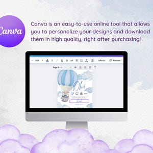 May include: A computer screen displays a design created with Canva, featuring a blue hot air balloon illustration with a teddy bear. The design includes the word "Oh!" and other text. The Canva logo is in a purple circle.
