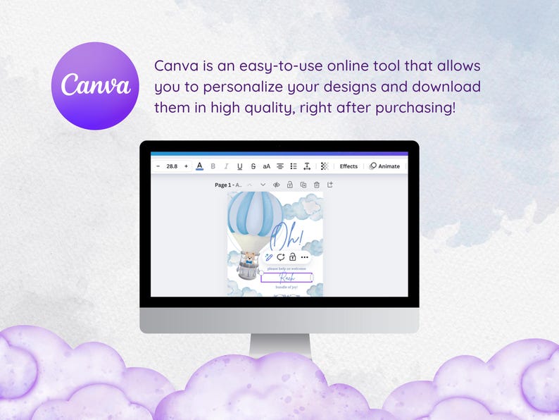 May include: A computer screen displays a design created with Canva, featuring a blue hot air balloon illustration with a teddy bear. The design includes the word "Oh!" and other text. The Canva logo is in a purple circle.