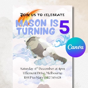 May include: A birthday invitation with a cartoon character flying through clouds. The text reads "Join us to celebrate Mason is turning 5". Additional text includes the date, time, location, and RSVP information. A Canva logo is also present.