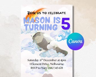 Elemental Kids Birthday Invitation | Avatar Appa | Digital Party Invite | Editable Canva