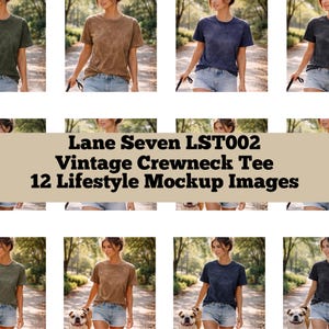 May include: A mockup image showcasing a variety of vintage crewneck tees in different colors. The image features the text "Lane Seven LST002 Vintage Crewneck Tee 12 Lifestyle Mockup Images". The tees are displayed on a model in a natural outdoor setting.