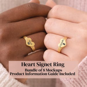 May include: Two gold heart signet rings, one reading "Best" and the other "Friends", are displayed on fingers. The rings have a heart-shaped face with a small puzzle piece design. The image includes the text "Heart Signet Ring" and "Bundle of 8 Mockups".