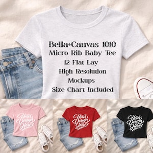 Paquete de maquetas Bella Canvas 1010, maqueta de camiseta de bebé de microcanalé, maqueta de camisa con estilo plano, maquetas femeninas de Etsy, paquete de maquetas neutras con estilo plano
