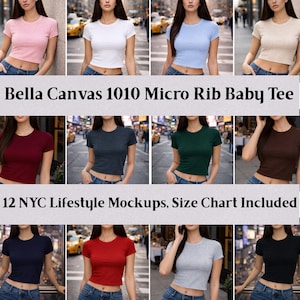 Op de afbeelding: Een collectie Bella Canvas 1010 Micro Rib Baby Tees in diverse kleuren, waaronder roze, wit en blauw. De afbeelding toont 12 NYC lifestyle mockups, inclusief een maattabel. De shirts zijn korte mouwen en nauwsluitend.