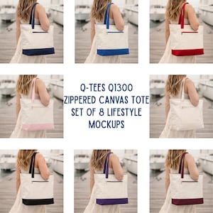 Op de afbeelding: Een verzameling canvas draagtassen met diverse gekleurde accenten, waaronder marineblauw, blauw, rood, roze, zwart, paars en bordeaux. Elke tas heeft een ritsvak en bijpassende handvatten. De tekst "Q-TEES Q1300 ZIPPED CANVAS TOTE SET OF 8 LIFESTYLE MOCKUPS" is zichtbaar.