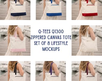 Q-Tees Q1300 Zippered Canvas Tote Bag Mockup Bundle, 8 Lifestyle Marina Scenes (Digital Download)