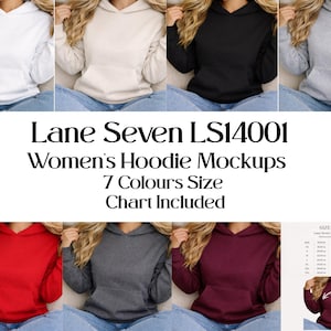 May include: A product mockup showcasing seven hoodies in various colours: white, beige, black, grey, red, dark grey, and burgundy. Each hoodie has a front pocket and a hood. The text reads "Lane Seven LS14001 Women's Hoodie Mockups".