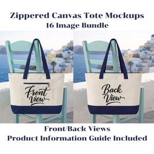Puede incluir: Se muestran dos bolsas de lona con detalles y asas en azul marino. Una muestra la vista frontal con un bolsillo con cremallera y el texto "Front View". La otra muestra la vista trasera con el texto "Back View".