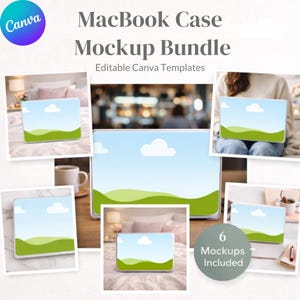 以下が含まれることがあります： MacBookケースのモックアップバンドル。6つの編集可能なCanvaテンプレートが含まれています。青い空、白い雲、緑の丘の風景が描かれた、さまざまなラップトップケースのデザインが画像に表示されています。Canvaのロゴは左上にあります。
