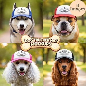 Paket med mockups för hundkepsar: Realistiska mockups för husdjursprodukter (8 bilder)
