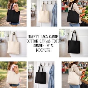Puede incluir: Una colección de bolsas de mano de lona de algodón en colores negro y natural. Las bolsas se muestran en varios entornos, incluso siendo llevadas por una persona y colgadas de un gancho. El texto en la imagen dice "LIBERTY BAGS OAD113 COTTON CANVAS TOTE BUNDLE OF 8 MOCKUPS."