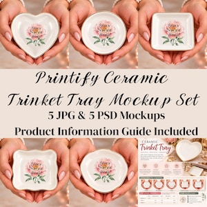 May include: A set of five white ceramic trinket trays in heart, round, square, scalloped, and irregular shapes, each featuring a floral design and gold-toned rim. The trays are displayed in a mockup format with text overlays describing the product.