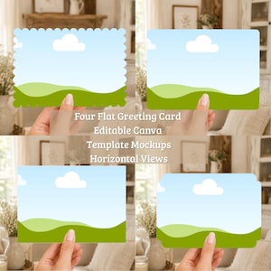May include: Four flat greeting card templates featuring a landscape illustration of a light blue sky with white clouds over rolling green hills. The cards have various edge styles including scalloped, rounded, and straight corners for display.
