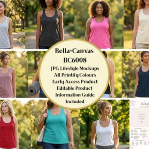Può includere: Un collage di donne che indossano canotte in vari colori, tra cui grigio, nero, rosa e bianco. L'immagine include il testo "Bella+Canvas BC6008" e "JPG Lifestyle Mockups". Le canotte sono senza maniche con un design a vogatore.
