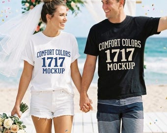 Mockup de camiseta Comfort Colors 1717 para casamento na praia, com estampa de casal, em preto e branco. Ideal para noivas e noivos em lua de mel. Vendedor em PNG.