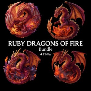 Könnte beinhalten: Vier digitale Illustrationen von rubinroten Drachen mit feurigen Details und großen Flügeln. Die Drachen sind vor einem schwarzen Hintergrund platziert. Der Text lautet "RUBY DRAGONS OF FIRE Bundle 4 PNGs."