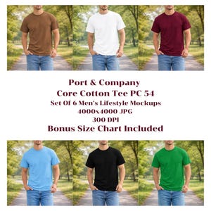 May include: A collection of six t-shirts in various colors: brown, white, burgundy, light blue, black, and green. The shirts are displayed on models in a natural outdoor setting. The text "Port & Company Core Cotton Tee PC 54" is also visible.