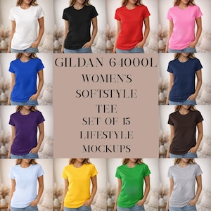 Könnte beinhalten: Eine Auswahl an Gildan 64000L Women's Softstyle T-Shirts in verschiedenen Farben, darunter Weiß, Schwarz, Rot, Pink, Blau, Lila, Braun, Hellblau, Gelb, Grün und Grau. Das Bild zeigt ein Set von 15 Lifestyle-Mockups.