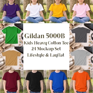 Könnte beinhalten: Ein Mockup-Set von Gildan 5000B Kids Heavy Cotton T-Shirts in verschiedenen Farben, darunter Lila, Weiß, Gelb, Rosa, Grün, Grau, Beige, Burgunderrot, Schwarz, Blau und Orange. Der Text "24 Mockup Set Lifestyle & Layflat" ist enthalten.
