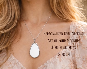 Set di 4 mockup di collane ovali personalizzate per gioielli per Etsy, mockup di ciondoli personalizzati, mockup di gioielli lifestyle, Printify POD Seller