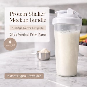 May include: A clear protein shaker filled with a creamy white liquid, with a white lid. The image includes text that reads "Protein Shaker Mockup Bundle", "4 Image Canva Template", and "24oz Vertical Print Panel".