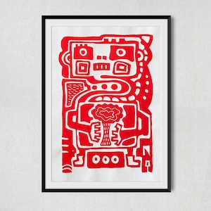 May include: Red abstract geometric design with a tree-like shape in the centre. The design is framed in a black frame.