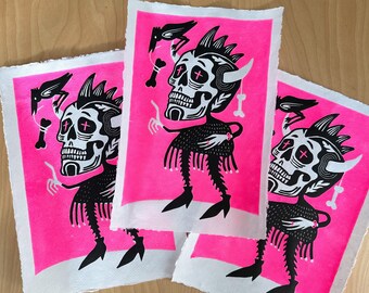 Skull Linocut Print: Pink Halloween Punk