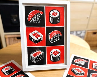 Sushi Splash Lino print