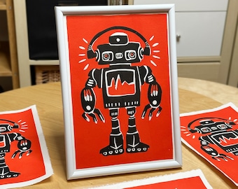 Robot on Rollerblades lino print
