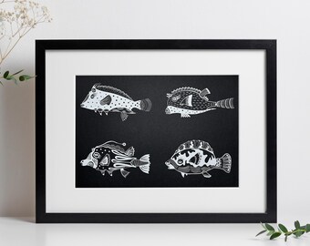 Minimalistic Fish Screen Print, handprinted art