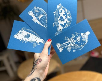 Minimalist Fish Quartet – Set of Four Handcrafted Screen Prints