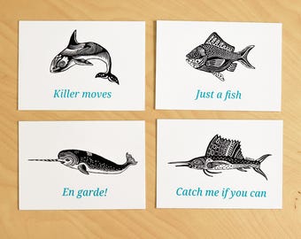 Handprinted screenprint card set: Fishes and Whales with funny texts