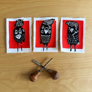 Linoldruck Set von Vögeln