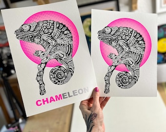 Chameleon screen print handprinted in black and vibrant neon pink