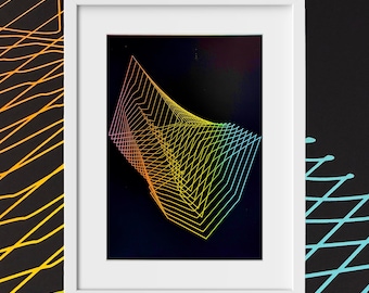 Hand-printed abstract screen print with 2 morphing forms in black ink and colorful gradient negative space